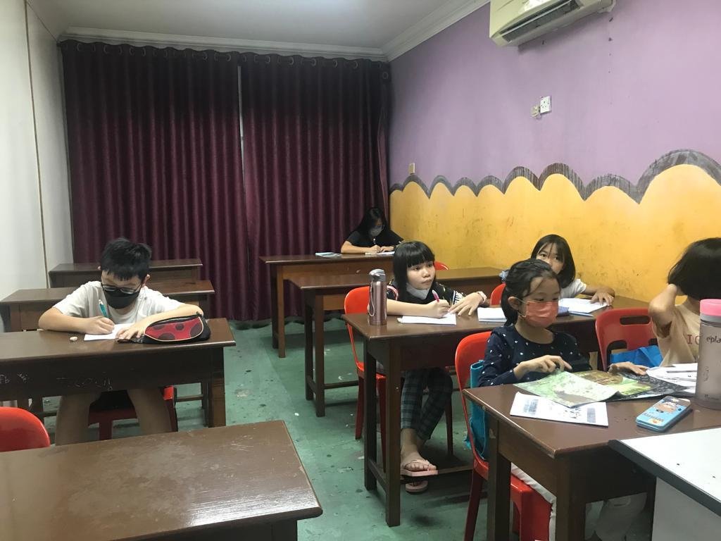 Teacher guiding primary students in classroom activity